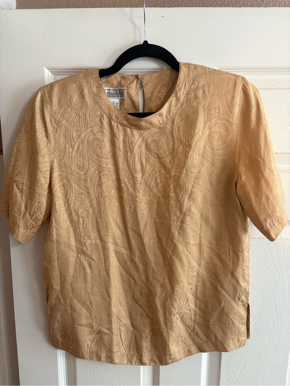100% Silk Christie & Jill vintage short sleeve blouse top tan VTG quiet luxury S